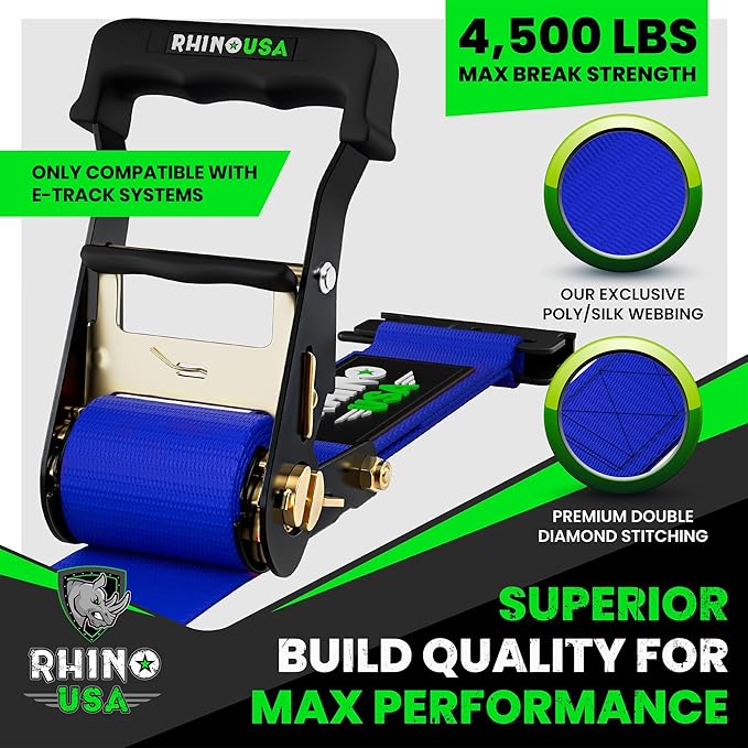 Rhino USA E Track Ratchet Tie Down Straps (4,500lb Break Strength) - Includes (4) Premium 2" x 16' eTrack Tie Downs - Ultimate Heavy Duty eTrack Cargo Strap System for Trailer, Truck, Motorcycle