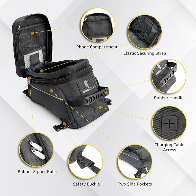Motorcycle Tank Bag - Durable Water-Resistant Black Tank Bag with Ample Storage - Charging Cable Access, Non-Scratching Design, Universal Fit - Easy Removal for Adventure and Daily Rides