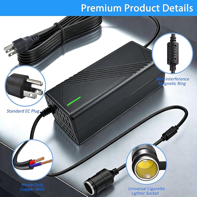 AC to DC Converter 12V 20A 240W, 110V-240V to 12V Car Cigarette Lighter Adapter to Wall Plug, Heavy Duty AC DC Power Adapter for Car Refrigerator, Inflator,Rice Cooker, Water Kettle, Vacuum Cleaner