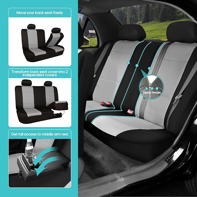 FH Group Waterproof Neoprene Car Seat Covers Full Set – Universal Fit Front & Split Bench Rear Seat Covers, Airbag Compatible Automotive Seat Protectors for Cars, SUVs & Vans, Gray