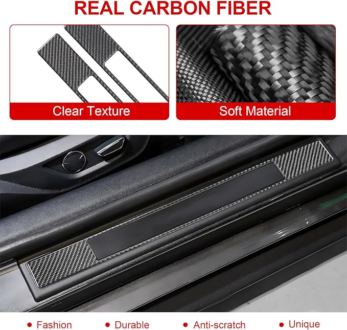 Real Carbon Fiber Door Sill Protectors Compatible with Ford Mustang 2015-2023, Interior Door Sill Guards & Edge Scratch Shields