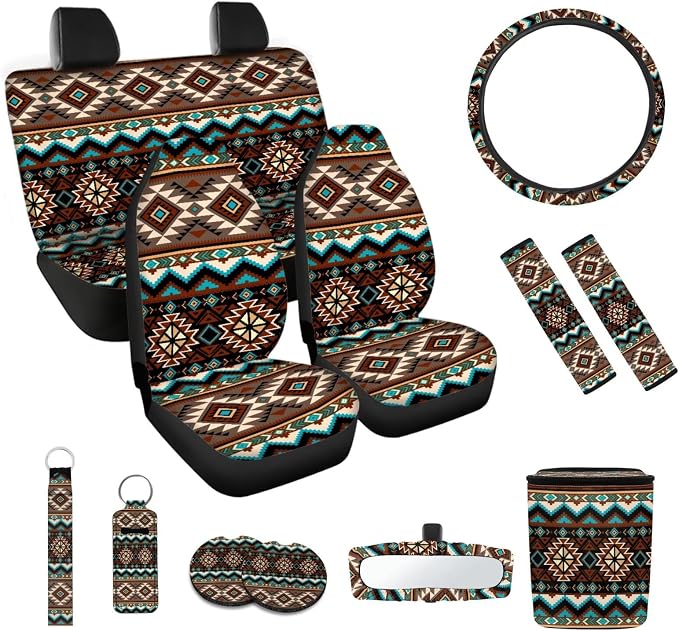 Aztec Car Accessories Set 12 Pcs Steering Wheel Cover Car Seat Belt Cover Car Trash Can Car Rear View Mirror Cover Car Cup Coasters Keychain Holder Keychains Car Interior Automotive