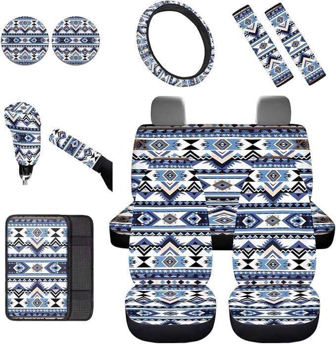 Dreaweet Southwestern Car Seat Covers Full Set Blue Ethnic Aztec Geometric Tribal Native Car Steering Wheel Cover/Center Console Cover/Seatbelt Covers/Cup Coasters/Gear Shift Cover and Handbrake Cover