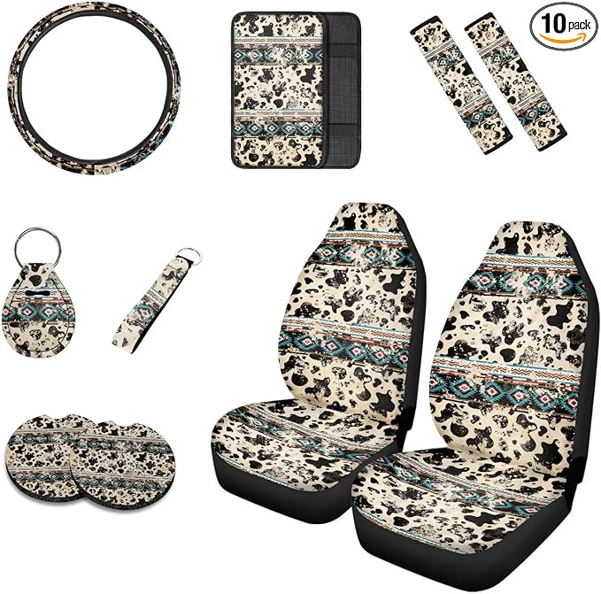 Howilath Western Aztec Cow Spot Car Front Seat Covers Set Auto Accessories with Center Console Cover+Steering Wheel Cover+Seatbelt Pads+Keychain+Coasters - 10 Packs