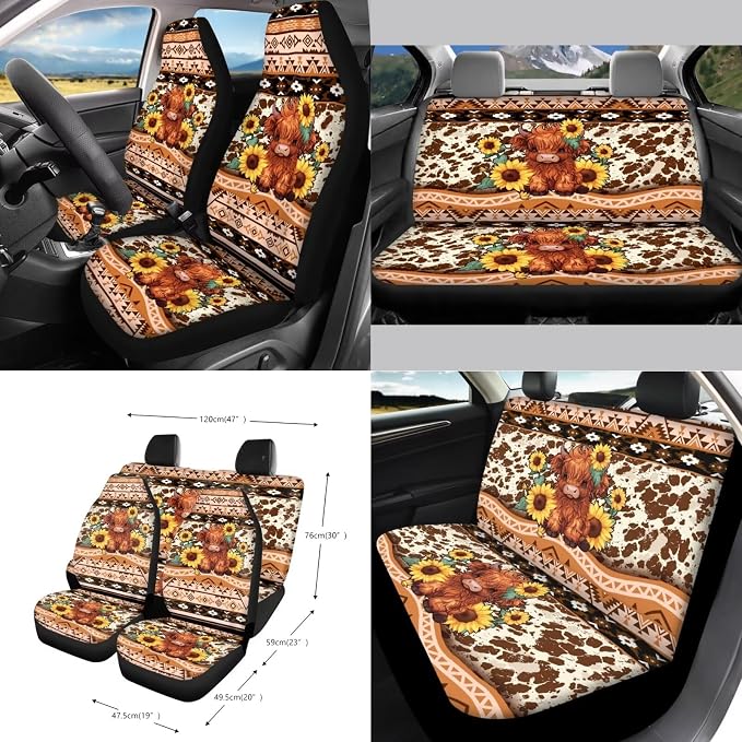Aztec Tribal Geometric Highland Cow Sunflower Print Car Seat Covers Full Set, Steering Wheel Pad, Car Trash Can, Air Outlet Storage Bag, Seat Belt Pads, Car Coaster, Keychain, Set of 15