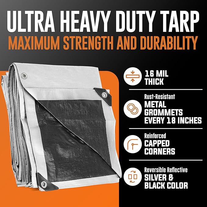 12x16 Ultra Heavy Duty Tarp, Extra Thick 16 Mil, UV Resistant, Grommets Every 18 Inches - Waterproof Plastic Poly Tarpaulin - (Reversible, Silver and Black) (12' x 16' Feet)