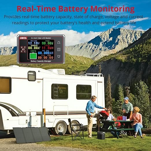 BINTA 500A Battery Monitor Shunt 8-100V 2.4 Inch Color Screen for Lifepo4 Lithium Sealed Gel Flooded Batteries, Backlight Waterproof Battery Monitor with Sliding Cover for Car RV Golf Cart Solar Panel