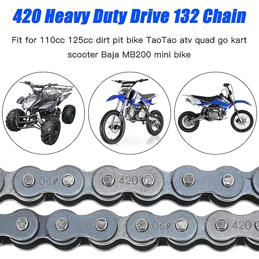 YOXUFA 420 Motorcycle Chain 132 Links for Pit Dirt Bike 50cc 70 90 110 125cc SSR TaoTao Coolster Apollo Baja Kazuma ATV 212cc Mini Bike Go Kart 4 Wheeler Quad Powersports Parts W/Chain Breaker