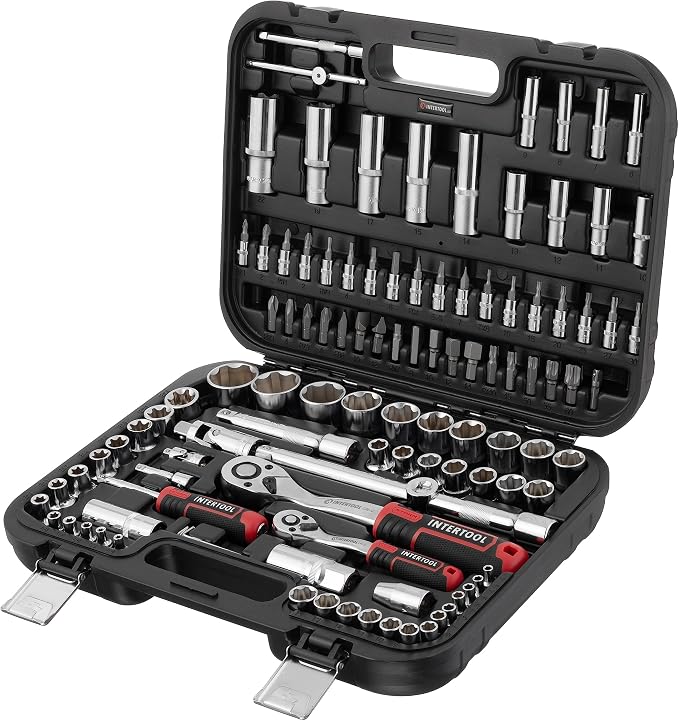 INTERTOOL Metric Socket Set Super Lock, 1/4-inch & 1/2-inch Drive, 110-Piece, Quick Release Ratchets, Extensions, Adapters, Bits, Screwdriver, Metal Latch Hard Case, Tool Gift, ET08-8110
