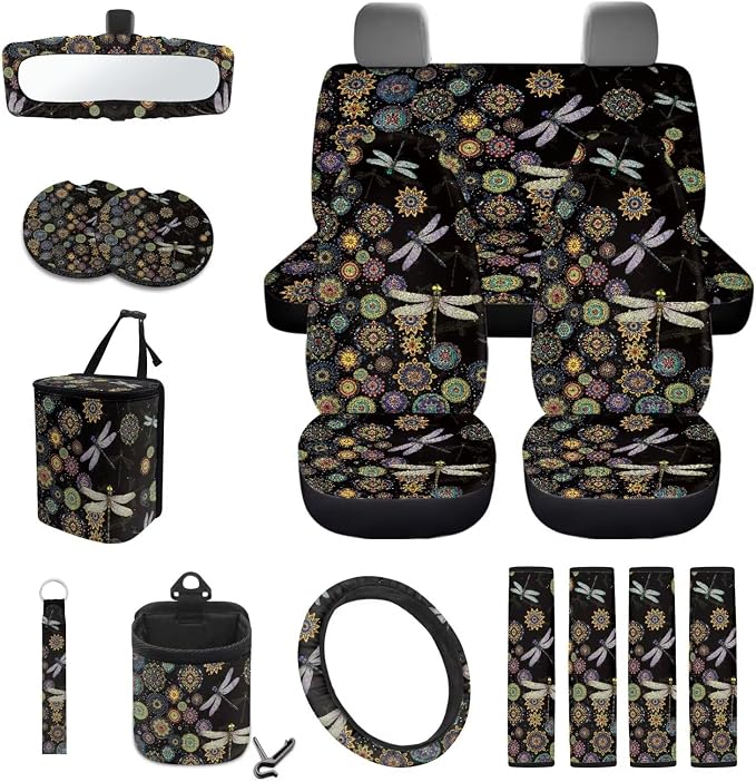 Boho Mandala Dragonfly Print Car 15pcs Accessories, Front and Back Seat Covers for Cars Steering Wheel Pad Seat Belt Cushion Trash Can Coasters Universal Fit