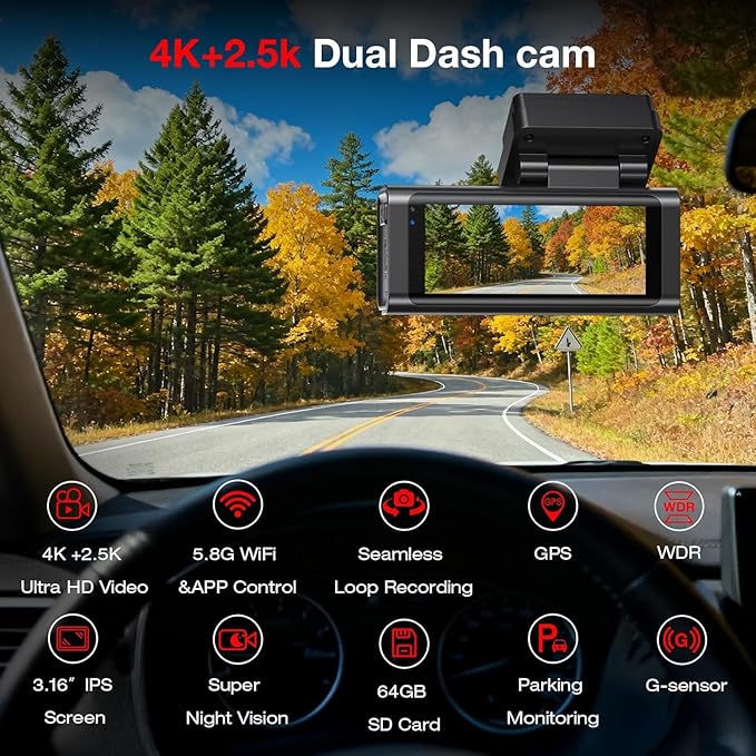 4K+2.5K Dash Cam Front and Rear, Built-in GPS, 5.8G WiFi, Free 64GB Card Included, Dash Camera for Cars, 2-Channel Car Camera,3.16'' IPS Screen,G-Sensor,WDR&HDR,24H Parking Monitor,Max 256GB