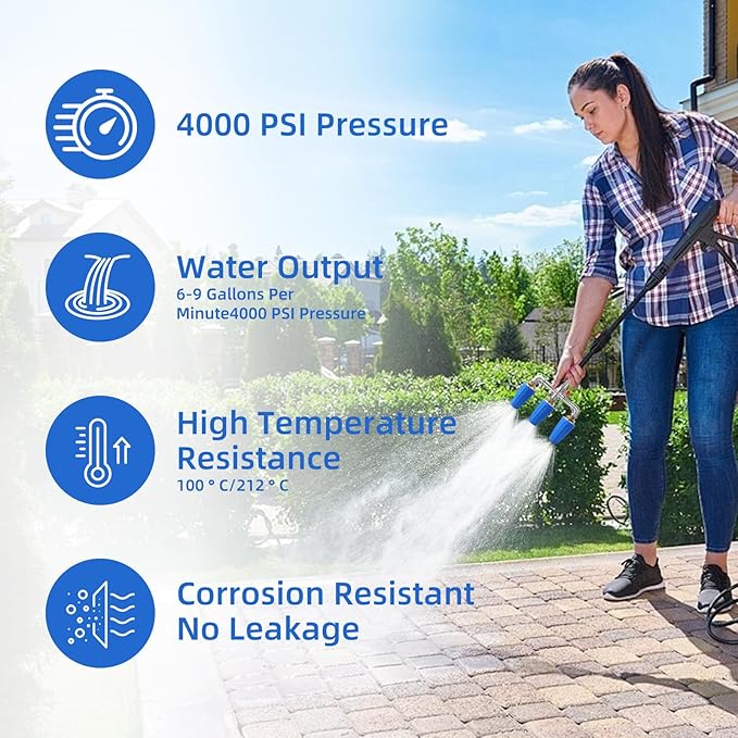 Triple Turbo Nozzle Pressure Washer, Triple Pressure Washer Nozzle, 360° Rotating 4000 PSI Turbo Nozzle with 1/4" Quick Connector 2.0 Orifice, 304 Stainless Steel for Driveway/Deck Clean(Blue)