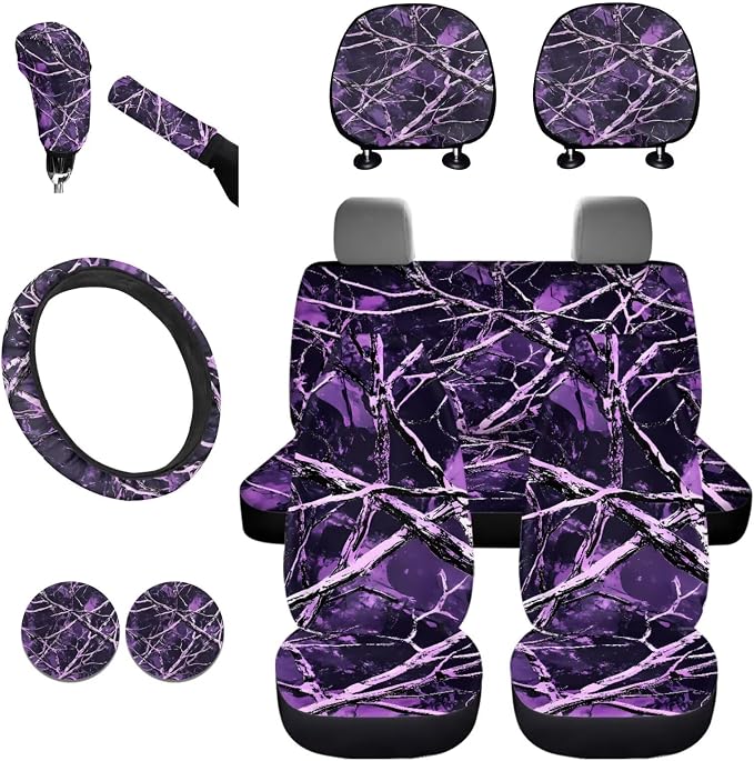 KEIAHUAN Purple Camo Branch Full Set Car Seat Cover with Steering Wheel Cover Cupholder Coaster Gear Shift Cover Handbrake Cover Headrest Cover Elastic Universal Fit for Most Vehicles 11 Pcs
