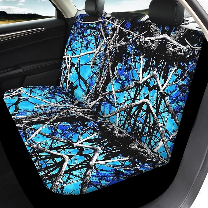 Blue Camo Oak Hunting 12Pc Car Seat Covers Full Set/Steering Wheel Covers/Seat Belt Pads/Key Chain/Coaster/Lipstick Holder Universal Auto Accessories Interior Protector Universal Fit