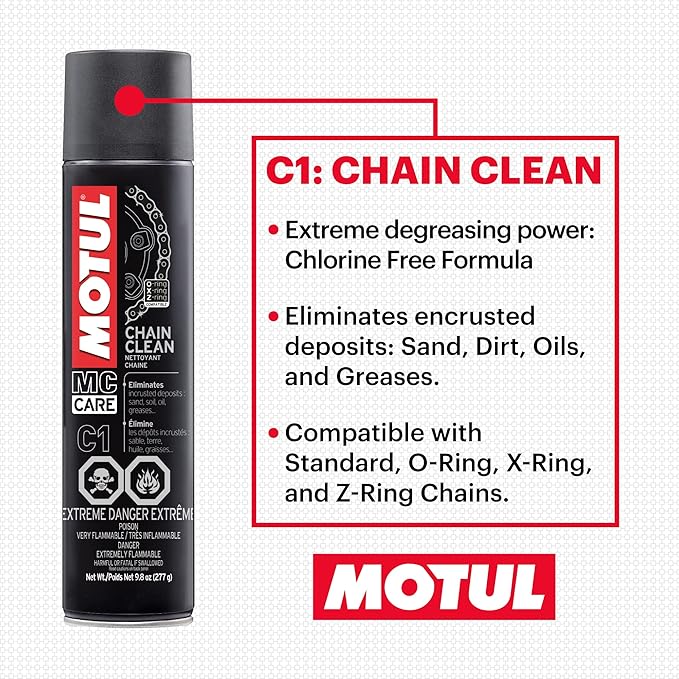 Motul C1 Chain Cleaner and C2 Motorcycle Chain Lube Kit with Brush, Gloves, and Sticker, Complete Road Motorcycle Maintenance Kit for Street Bikes and Karts
