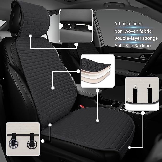 Linen Car Seat Covers Front Seat Covers - 2 PCS Durable & Non-Slip Breathable Cloth Fabric Car Seat Protector, Universal Fit for Most Automotive, Vans, SUVs, Trucks - Black