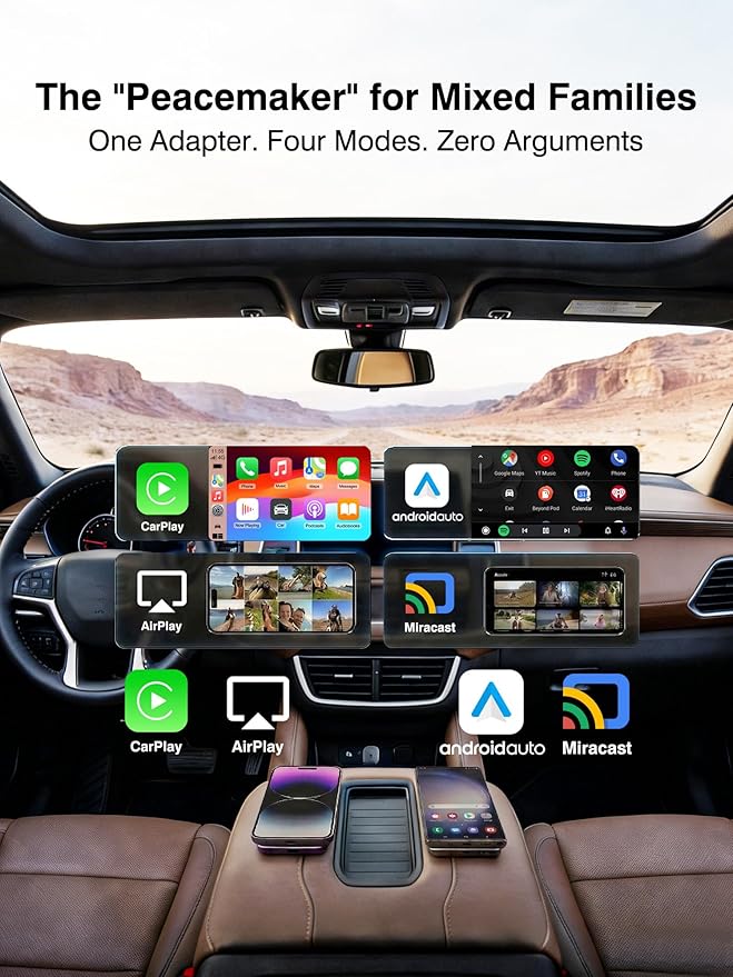 4-in-1 Wireless CarPlay & Android Auto Adapter – AirPlay & Miracast Media Hub – Seamless for Mixed Families – 5.8GHz Low-Latency & Auto-Connect – Factory Wired Cars Only (Sunset Orange)
