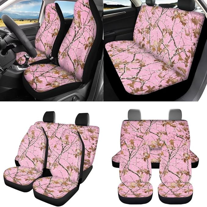 Pink Camo Maple Leaf Car Seat Covers Full Set 8 Pcs Car Accessories for Women Front Seat Cover Steering Wheel Armrest Cover Seat Belt Cover for Auto SUV Interior Decoration