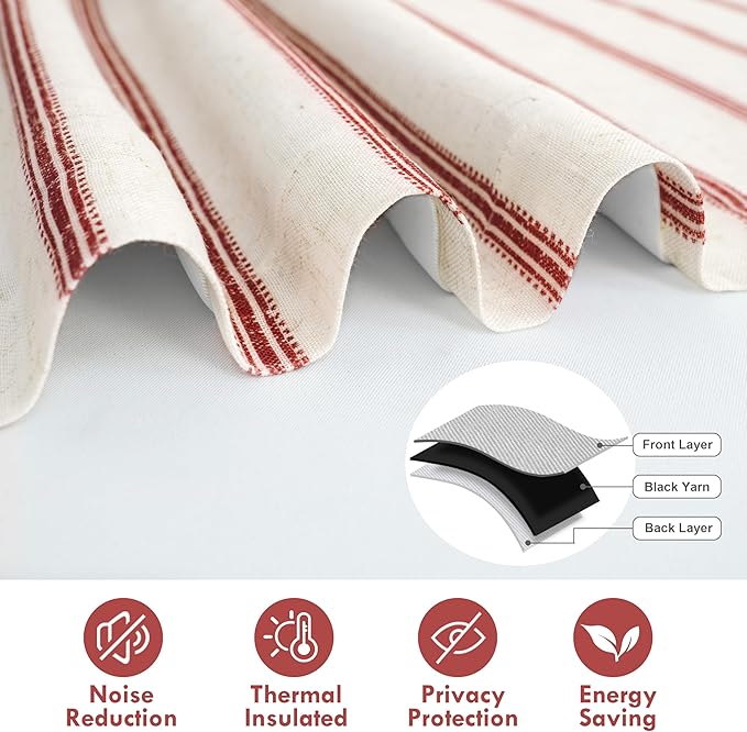 DriftAway Farmhouse Double Layer Linen Blackout Tie Up Curtains Thermal Insulated Vertical Striped Fully Lined Balloon Roman Shade Bathroom Window Adjustable Rod Pocket 25 Inch by 47 Inch Red