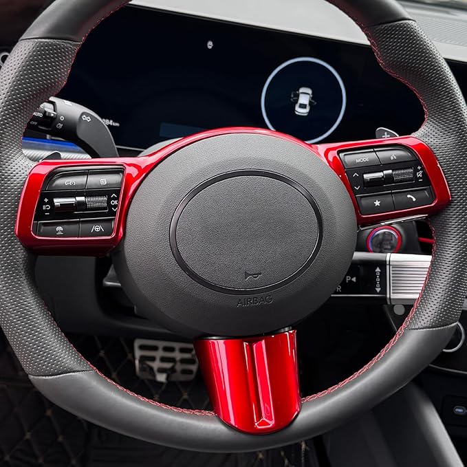 2 PCS Car Steering Wheel Frame Cover Steering Wheel Button Panel Protection Frame Compatible with Hyundai Sonata DN8 2024 Accessories (Glossy Red Car Steering Wheel Frame)