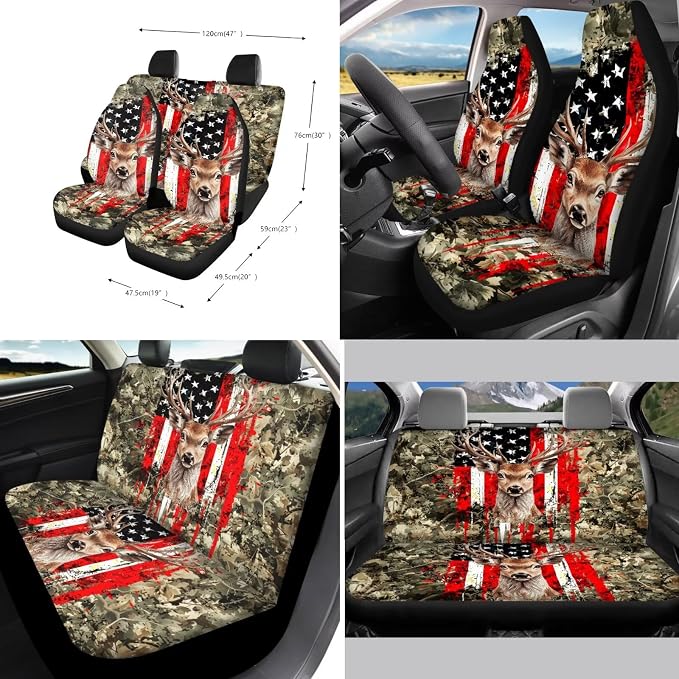 Xoenoiee Hnting Deer Flag Forest Camo Pattern Universal Car Seat Covers Full Set 11-pcs Car Interior Accessories, Car Coasters, Keychain, Steering Wheel Cover, Seat Belt Pad, 4th of July Flag