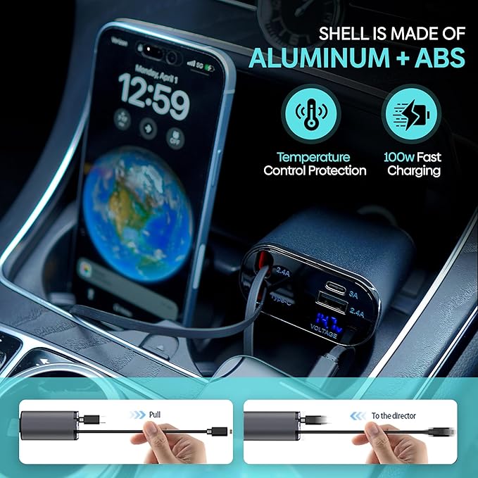 Retractable Car Charger | 4 in 1 Fast Car Phone Charger 120W | Retractable Cables and USB Car Charger | Compatible with iPhone 15/14/13/12/11, Galaxy, Pixel | Car Accessories | iPhone Car Charger