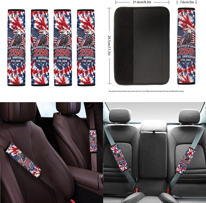 Eagle American Flag Print Car Front Rear Seat Covers Tie Dye Print Car Interior Covers Set Includes Steering Wheel Cover Safety Belt Pads Center Console Pad 250 Year Auto Decor
