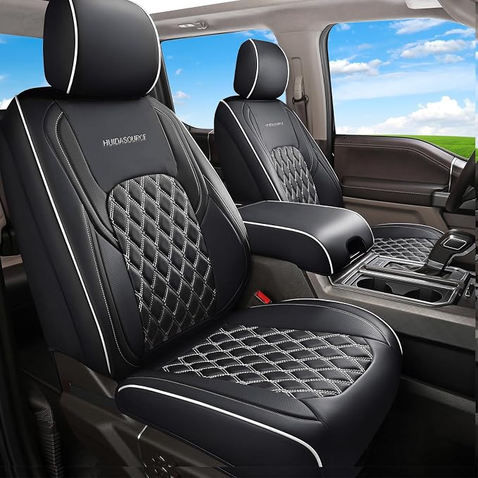 Huidasource Car Seat Covers Fit for Truck Chevy Chevrolet Silverado Sierra 1500 2007-2025, 2500HD 3500HD 2015-2025 Crew Double Extended Cab, Leather Seat Accessories (Front Pair/Black&White)