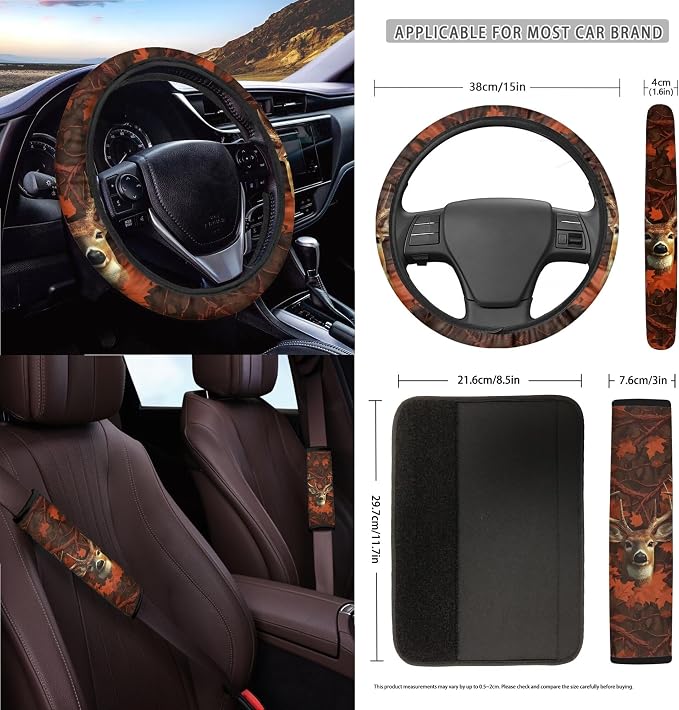 Camo Hunting Deer Print Universal Fit Car Seat Cover Set Steering Wheel Covers Seatbelt Strap Pad Trash Cans Air Vent Storage Bag Rearview Mirror Cover Cup Holder Keychain, 15 PCS