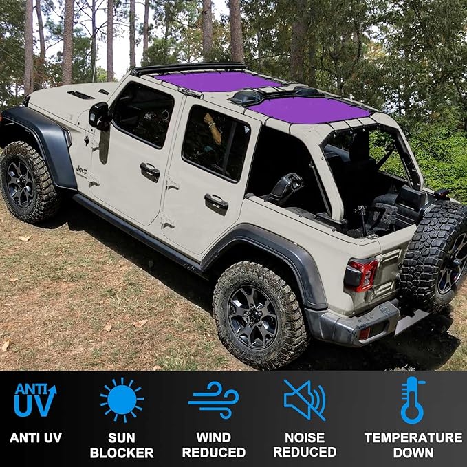 JL Top Sun Shade Roof Compatible with Jeep Wrangler 2 or 4 Door 2018 to 2023 Sunshade Sunroof Blocks UV Wind Noise Purple Mesh for Front and Rear 2 pcs