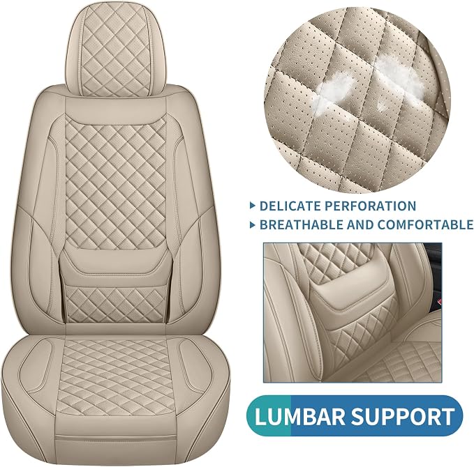 Beige Leather Car Seat Covers Full Set Breathable Seat Protectors Waterproof Automotive Seat Covers Universal Fit for Most Cars SUVs Trucks Vehicles