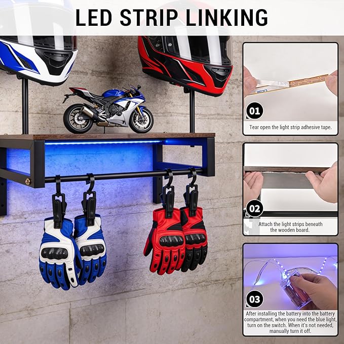 Helmet Rack Wall Mount, Motorcycle Helmet Holder Plate Rack Display Organizer with 4 Glove Clips, Helmet Rack with RGB Lights Strip