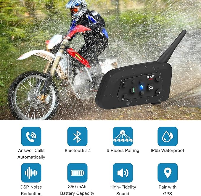 EJEAS V6 Pro Motorcycle Helmet Bluetooth Intercom, 2-Way 1200M Motorcycle Bluetooth Headset Universal Communication System with Noise Cancellation and Waterproof for Dirt Bike/ATV/Snowmobile (1PC)
