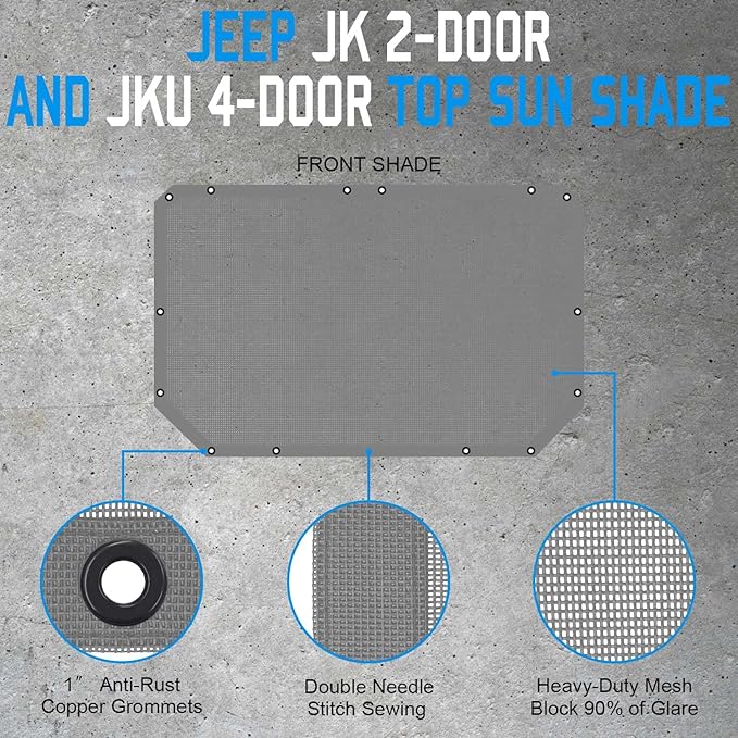 JK Sun Shade Top Compatible with Jeep Wrangler 4 Door 2007 to 2018 Sunshade Sunroof Bikini Cover Blocks UV Wind Noise Gray Mesh for Front