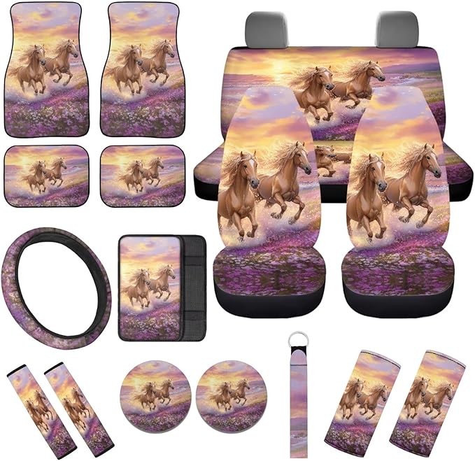 Purple Flower Horse 17 Pcs Car Accessories Seat Covers Full Set Steering Wheel Cover Floor Mats Center Console Pad Cup Holders Seat Belt Pads for Women Men Car Interior Decor