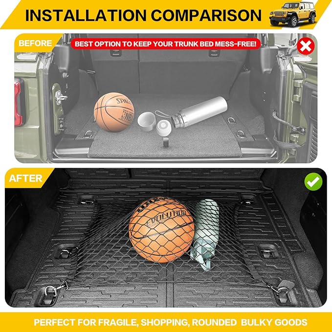 Trunk Mat with Net for 2018-2025 Jeep Wrangler JL Unlimited 4X4 Accessories All Weather Protection Rear Trunk Liner Cargo Net for 18-25 JL JLU Gas Type 4 Door(Not for 4XE)