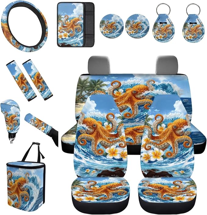 Forchrinse 15Pcs Car Seat Cover Hawaiian Octopus Front Back Seat Protector with Steering Wheel Cover+Seatbelt Pads+Coaster+Handbrake Gearshift Cover+Auto Trash Can for Most Vehicles