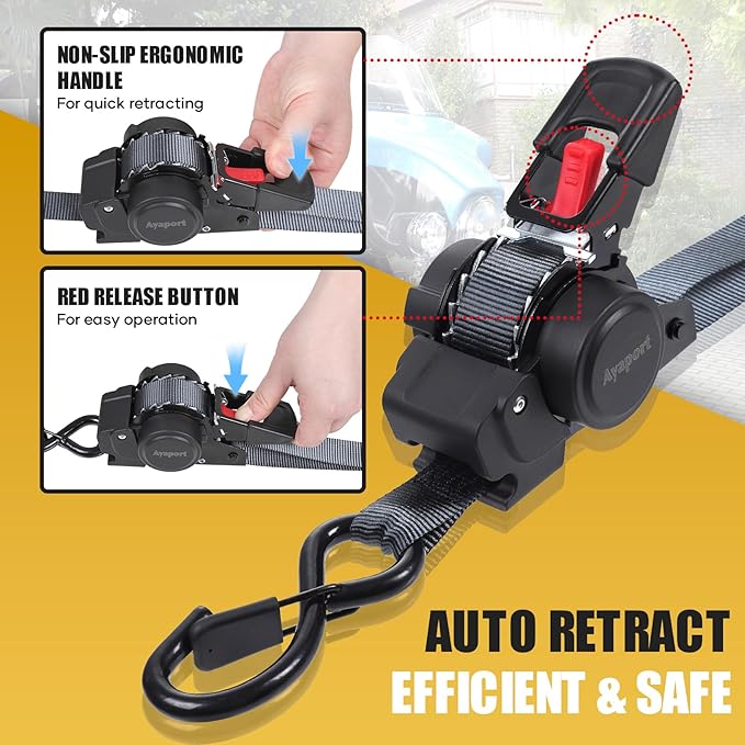 Ayaport Retractable Ratchet Straps 1in X 12ft(2PK)-1500lb Break Strength, Heavy Duty Ratchet Straps Self Retractable Tie Downs with Soft Loops for Motorcycle, Dirt Bike, Cargo, Truck Accessories