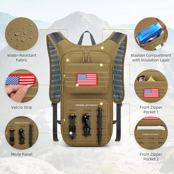 Maelstrom Tactical Hydration Backpack,Water Pack with 2L Water Bladder | BPA-free,MOLLE Compatibility,lightweight,insulated layer, Breathable back panel and shoulder,for running/hunting/cycling