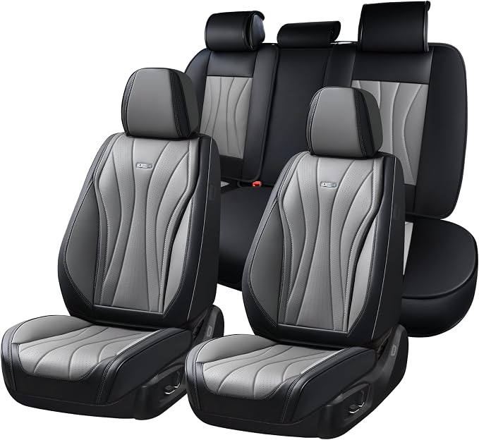Coverado Car Seat Covers, 5 Seat Front and Back Seat Covers, Waterproof Seat Cover Full Set, Leather Seat Cover for Cars, Car Seat Protector, Car Seat Cushion Universal Fit for Most Cars (Black&Gray)