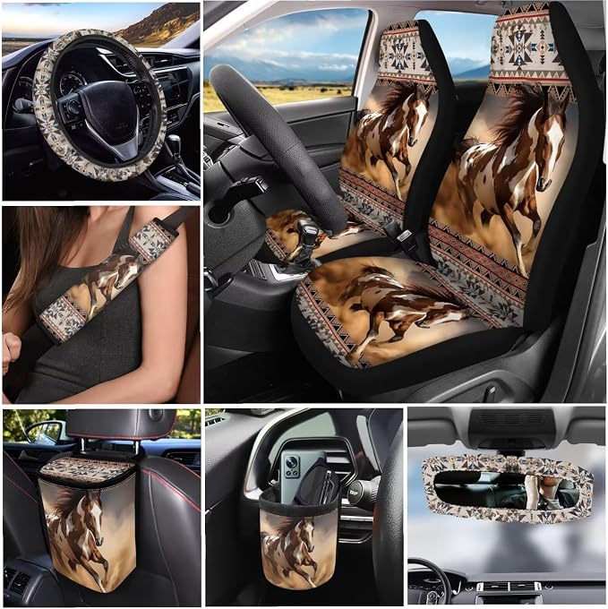 Dreaweet Native American Horse Seat Covers for Cars Full Set Southwestern Tribal Car Accessories Steering Wheel Cover Seat Belt Pads Coasters Trash Bag Air Vent Storage Bag Rearview Mirror Cover