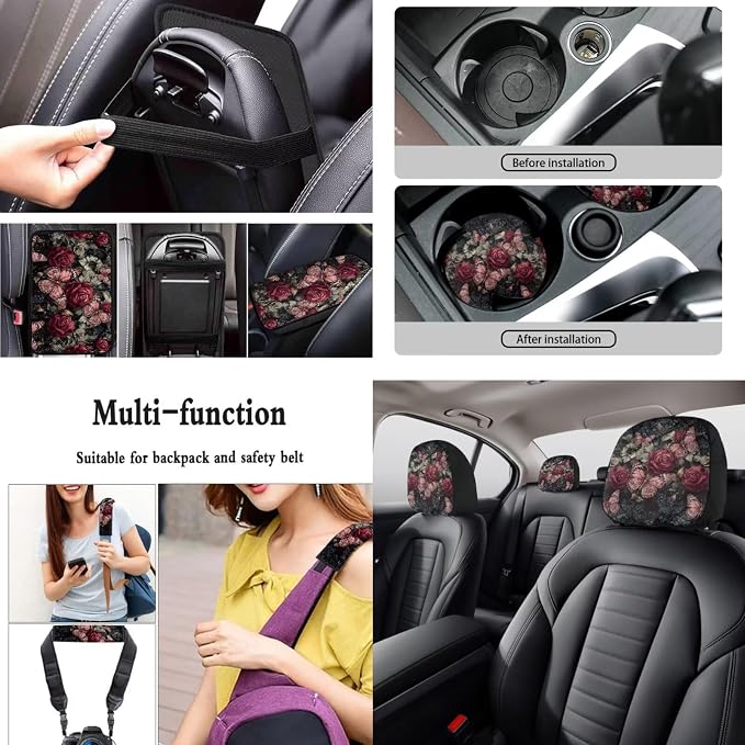 Butterfly Rose Print Car Seat Cover Full Set with Auto Steering Wheel Cover Seat Belt Protector Armrest Pad Auto Rear View Mirror Protector Set of 15, Pink and Green