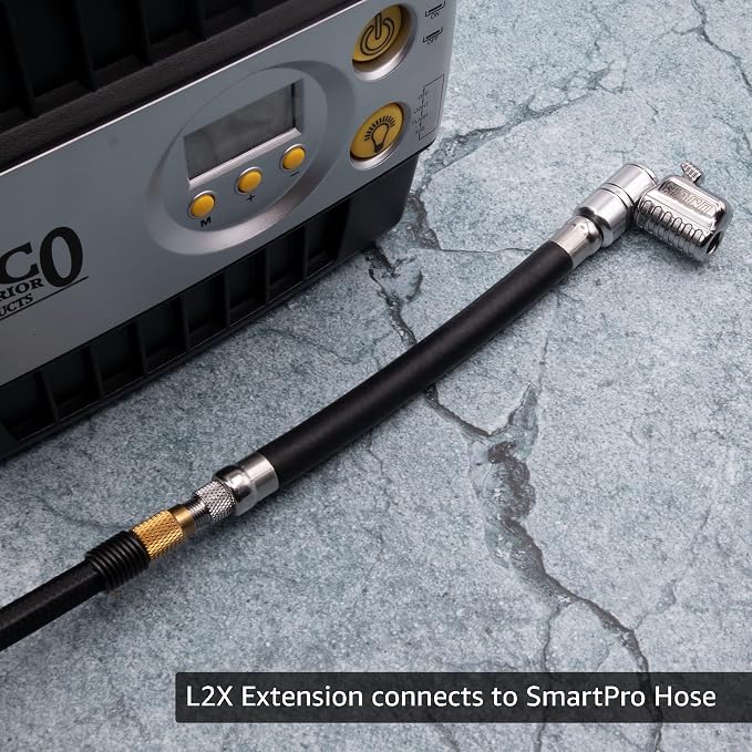JACO SmartPro 12V Tire Inflator Air Compressor (Max 100 PSI) with Locking Lightning L2X Hose Extension (Bundle)