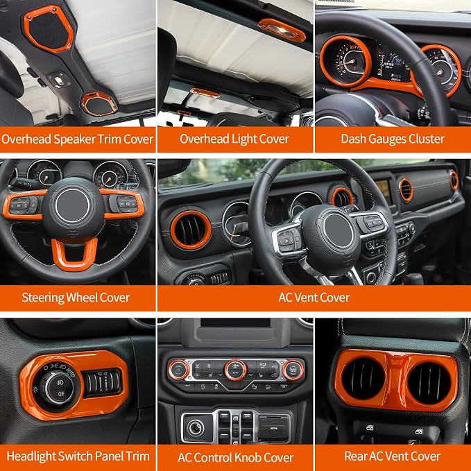RT-TCZ for Jeep JL Orange Interior Trim Cover Kit for Jeep Wrangler JL JLU 2018-2023 Orange Interior Accessories 20pcs