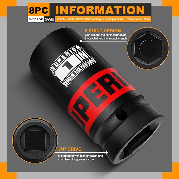 8 Piece 3/4" Drive Impact Socket Set, 1" - 1-1/2" Axle Nut Socket, SAE, 6-Point, Heavy Duty CR-MO, Large Automotive Repairs, Agricultural implement