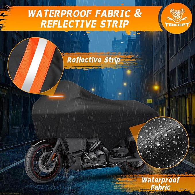 Motorcycle Half Cover with Elastic Hook and Reflective Strip Waterproof Dustproof Sunproof All-Weather Protection Suitable for Touring Models Road King Street Glide Road Glide and More(Black)