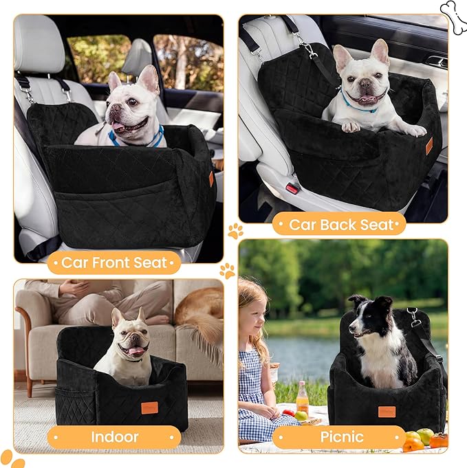 Dog Car Seat for Small Dog with Washable Mat, Memory Foam Booster Seat for Dogs Under 30lb, 6" Elevated Pet Seat with Pockets, Anti-Slip Bed for Car, Perfect for Front & Back Seats with Safety Leash