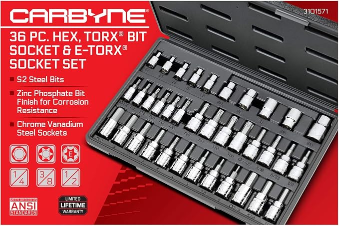 CARBYNE 36-Piece Hex (Allen) Torx Bit Socket and E-Torx Set, SAE and Metric, S2 Steel Bits, CrV Sockets, 1/4 in. 3/8 in. 1/2 in. Drive, Zinc Phosphate, Genuine Licensed Torx, Durable Case