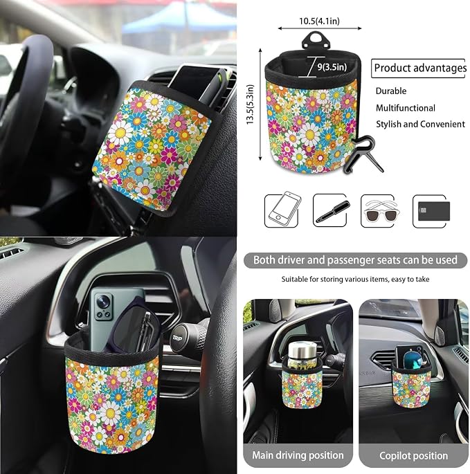 15Pcs Car Seat Cover Full Set Car Steering Wheel Cover Seat Belt Cover Trash Bin Air Vent Storage Box Front Rear View Mirror Car Cup Holder Keychain, Vibrant Hippie Flower