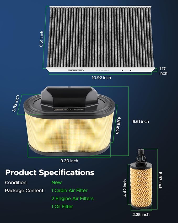 4PCS Dacall Engine Air Filter & Cabin Air Filter & Oil Filter Set for Maserati Ghibli/Levante/Quattroporte (2014-2022), Replacement 670001545 670005021 000311401
